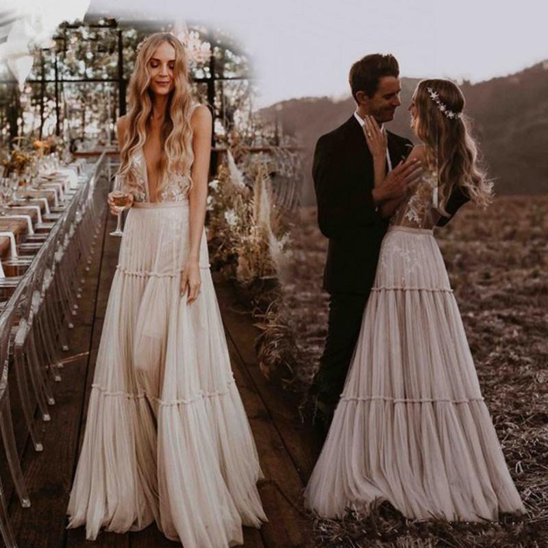 Unique Deep V Neck Wedding Dress Boho Hippie Style Whimsical Ruched Sk Aprildress