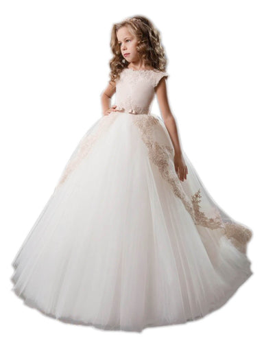 Vintage Lace Ivory Champagne Flower Girl Dresses with Bow Sash PFD071