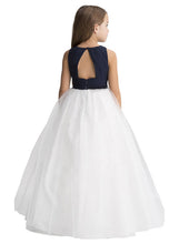 Navy White A Line Long Flower Girl Dresses Kids Pageant Ball Gown ALD093