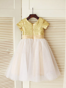 Short Gold Sequins Flower Girl Dresses Cute Puffy Tutus ASD024