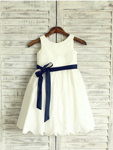 Short White Ivory Flower Girl Dress with Buttons and Navy Blet ASD039