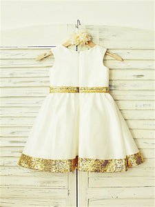 White Ivory Short Flower girl Dress with Gold Bottom Edge and Belt Bow ASD077