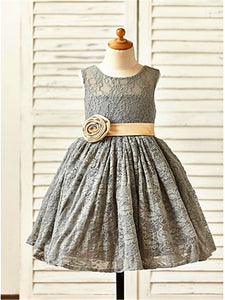 Grey Short Lace Flower Girl Dress for Wedding Kids Princess Ball Gown ASD059