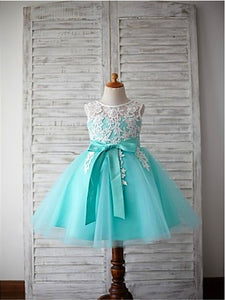 White Mint Short Lace Flower Girl Dresses ASD041