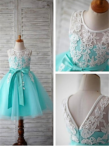 White Mint Short Lace Flower Girl Dresses ASD041