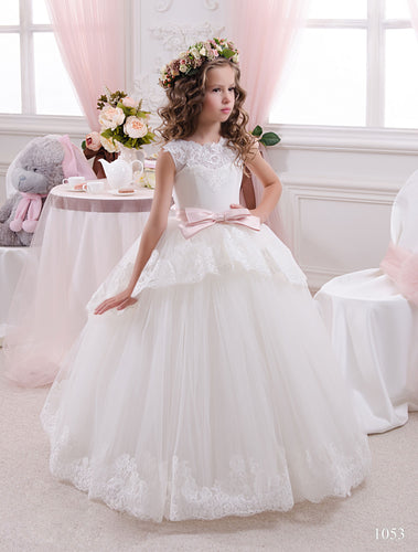 White Ivory Lace Flower Girl Dresses with Pink Sash Ball Gown Princess Birthday Party Dress PFD067