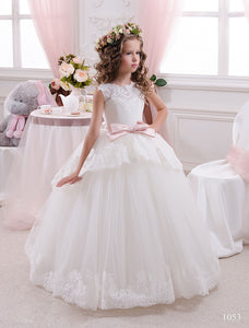 White Ivory Lace Flower Girl Dresses with Pink Sash Ball Gown Princess Birthday Party Dress PFD067