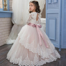 Vintage Lace Long Sleeve Flower Girl Dresses with Pink Bow Sash Baby Princess Party Gown PFD072