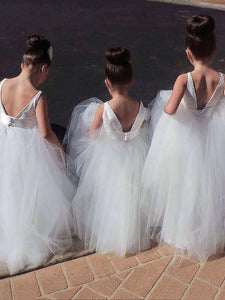 Backless White Ivory Tulle Flower girl Dress with Buttons ALD045