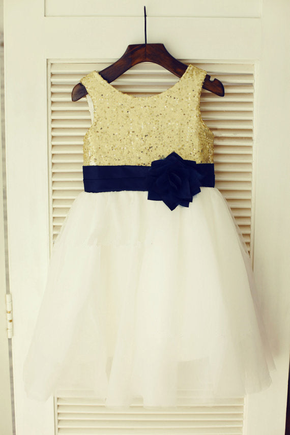 Gold White Tutu Dresses Short Sequins Flower Girl Dresses ASD012