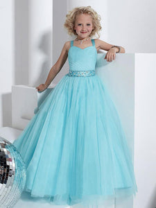 Blue Tulle Flower Girl Dress with Crystal Sequins Belt Pageant Dress ALD052