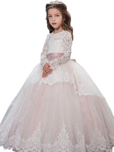 Vintage Lace Long Sleeve Flower Girl Dresses with Pink Bow Sash Baby Princess Party Gown PFD072
