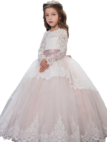 Vintage Lace Long Sleeve Flower Girl Dresses with Pink Bow Sash Baby Princess Party Gown PFD072