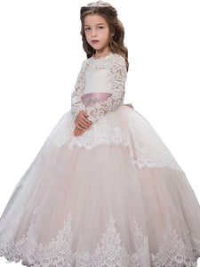 Vintage Lace Long Sleeve Flower Girl Dresses with Pink Bow Sash Baby Princess Party Gown PFD072