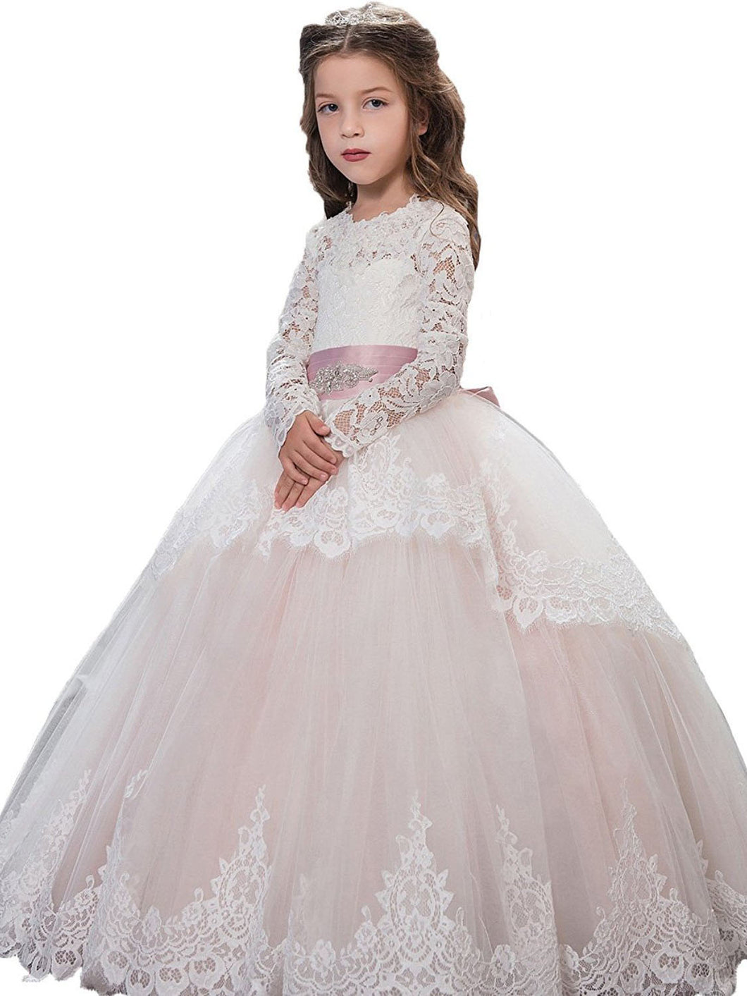 Vintage Lace Long Sleeve Flower Girl Dresses with Pink Bow Sash Baby Princess Party Gown PFD072