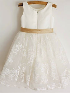 Short Lace Flower Girl Dress with Gold Sash Baby Princess Party Ball Gown ASD064