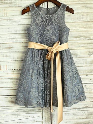 Dark Grey Short Lace Flower Girl Dresses with Gold Sash ASD078