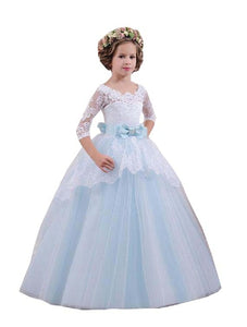 White Blue Lace Tulle Flower Girl Dresses with Long Sleeves Baby Princess Party Gown PFD076