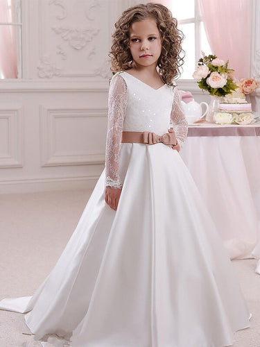 V Neck Long Sleeve A Line Lace Flower Girl dresses Pageant Dress for Teens ALD058