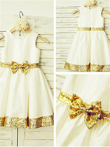 White Ivory Short Flower girl Dress with Gold Bottom Edge and Belt Bow ASD077