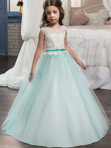 White Turquoise Long A Line Flower Girl Dress Pageant Gown for Teens ALD070