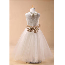 Long White Ivory Lace Flower Girl Dresses with Champagne Sash ALD038