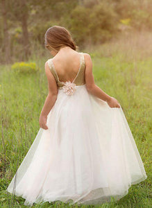 Gold Sequins Bodice White Tulle A Line Boho Flower Girl Dresses ALD090