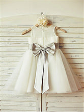 Short Satin Tulle Flower Girl Dress Tutus with Big Grey Sash Bow ASD057