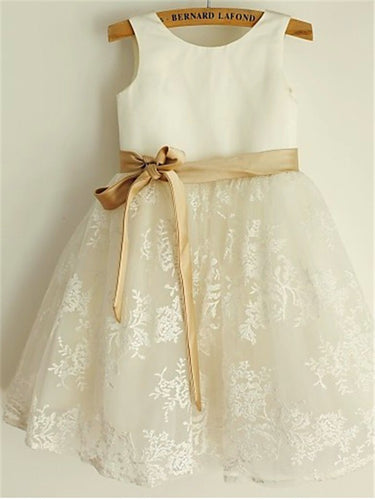 Short Lace Flower Girl Dress with Gold Sash Baby Princess Party Ball Gown ASD064