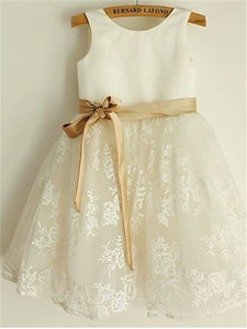 Short Lace Flower Girl Dress with Gold Sash Baby Princess Party Ball Gown ASD064