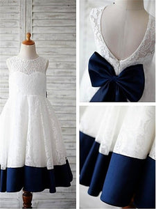 White Navy Lace Short Flower Girl Dresses with Big Bows ASD044