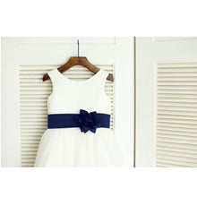 Short White Ivory Flower Girl Dress with Navy Belt and Petals ASD036