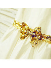 White Ivory Short Flower girl Dress with Gold Bottom Edge and Belt Bow ASD077