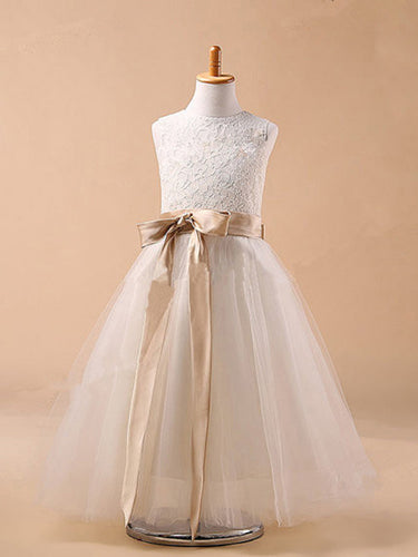 Long White Ivory Lace Flower Girl Dresses with Champagne Sash ALD038