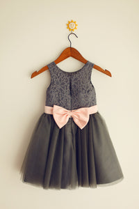 Dark Grey with Pink Belt Tutus Short Lace Flower Girl Dresses ASD009