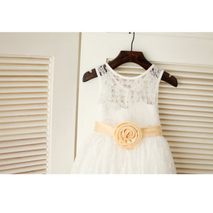 Round Neck Short Lace Flower Girl Dresses with Removable Sash ASD019