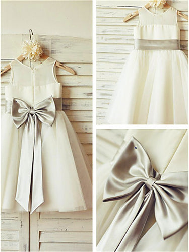 Short Satin Tulle Flower Girl Dress Tutus with Big Grey Sash Bow ASD057