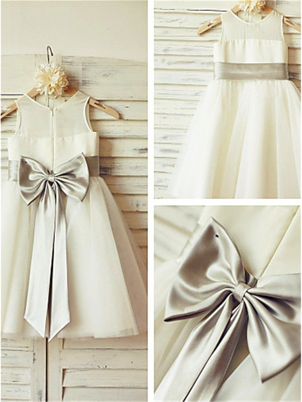 Short Satin Tulle Flower Girl Dress Tutus with Big Grey Sash Bow ASD057