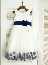 Short White Ivory Flower Girl Dress with Navy Belt and Petals ASD036