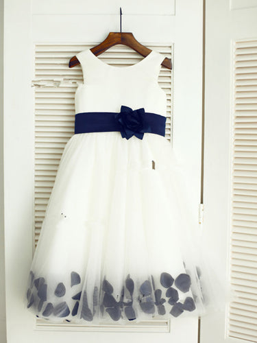 Short White Ivory Flower Girl Dress with Navy Belt and Petals ASD036