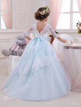 White Blue Lace Tulle Flower Girl Dresses with Long Sleeves Baby Princess Party Gown PFD076