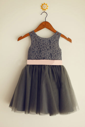 Dark Grey with Pink Belt Tutus Short Lace Flower Girl Dresses ASD009