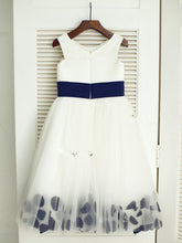 Short White Ivory Flower Girl Dress with Navy Belt and Petals ASD036