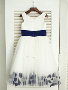 Short White Ivory Flower Girl Dress with Navy Belt and Petals ASD036
