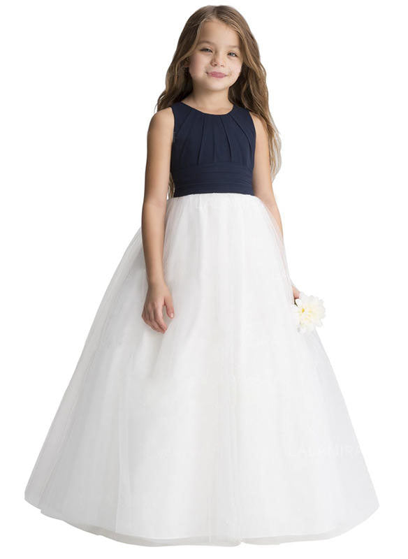 Navy White A Line Long Flower Girl Dresses Kids Pageant Ball Gown ALD093