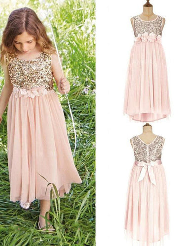 Gold Sequins Pink Chiffon Tea Length Boho Flower Girl Dresses ALD095