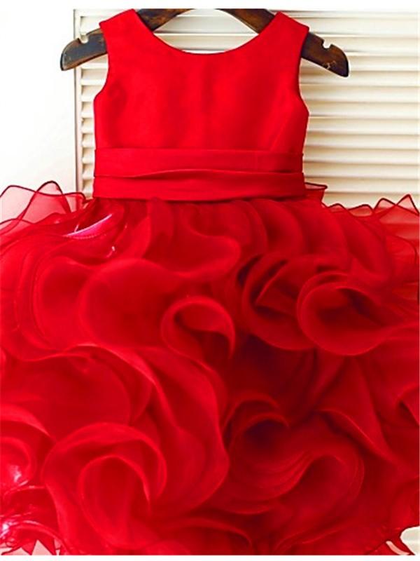 Hot Red Ruffles Organza Satin Flower girl Dresses Girls Pageant Gown ALD047