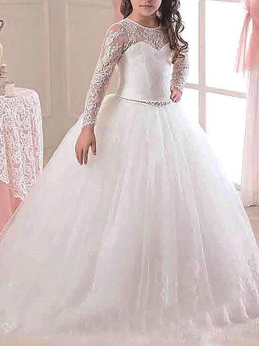 A Line Long Sleeve Lace Flower Girl Dress Kids Pageant Dress ALD061