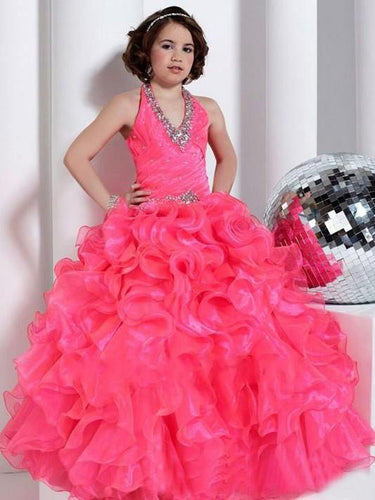 Hot Pink Ruffles Halt V Neck Flower girl Dress Kids Princess Pageant Dresses ALD081