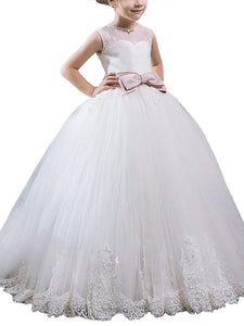 Round Neck White Ivory Kids Princess Ball Gown Flower Girl Dresses ALD083